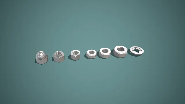 多规格螺母与垫圈组合 3D 低多边形工业零件场景装饰模型