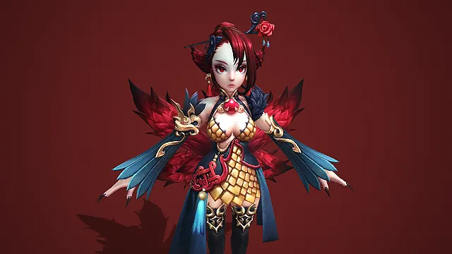 卡通 Q 版红发狐耳妖姬带红翼鳞甲国风服饰 3D 角色模型