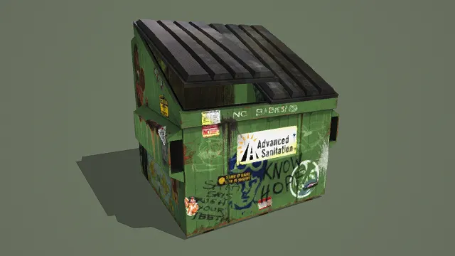 3D卡通风格垃圾箱模型，创意设计（3D垃圾箱、卡通风格、街头艺术风，垃圾箱设计主题）
