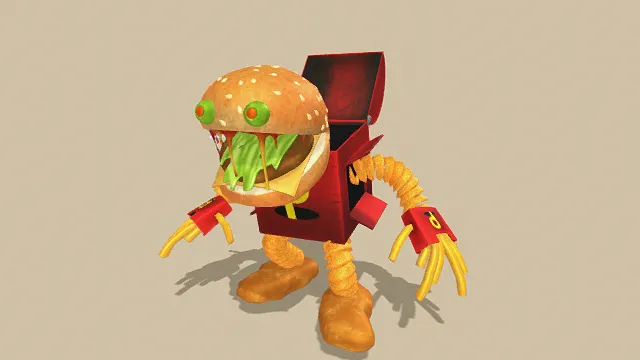 3D卡通风格快餐怪物模型，创意设计（3D怪兽、卡通风格、奇幻风，怪兽设计主题）