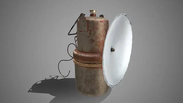 旧化金属灯具  圆柱形铁皮结构  大面积锈蚀纹理  金属接口  铁丝挂钩  反光罩  