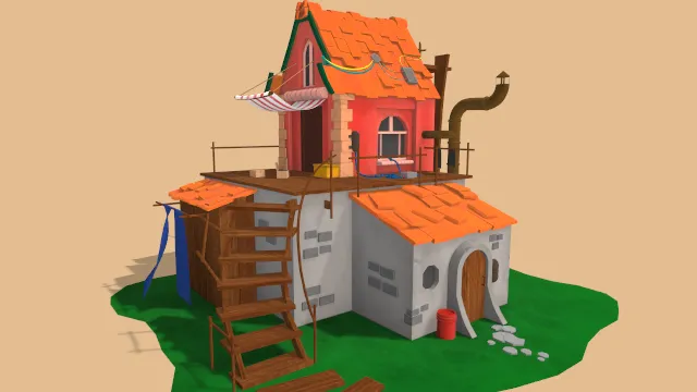 卡通风格房屋微缩模型建筑场景木梯