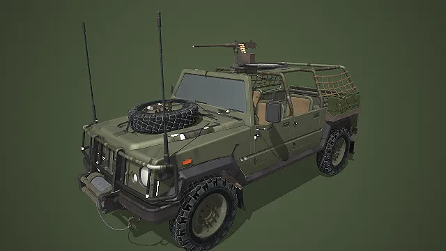 军绿敞篷配武器架的越野军用吉普车 3D 模型