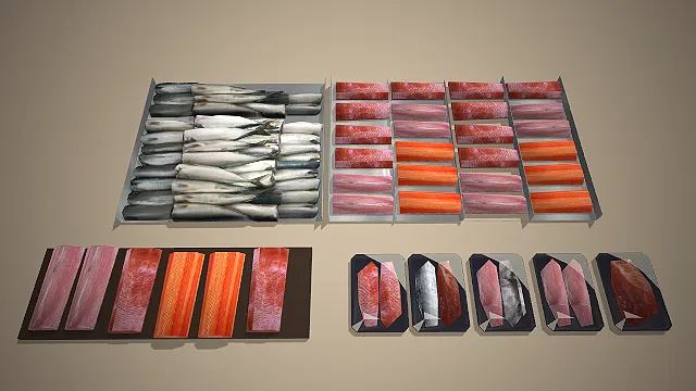 一组生鲜鱼类的3D模型，包含整鱼、不同纹理的鱼片和独立包装的鱼块