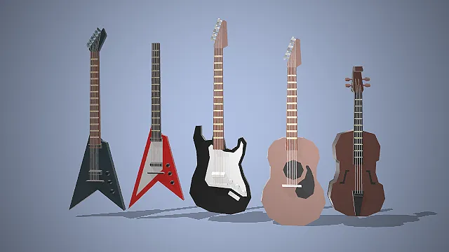 一组低多边形卡通风格的3D弦乐器模型集合