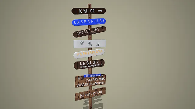 单立柱多语种复古做旧木质地名指示牌模型