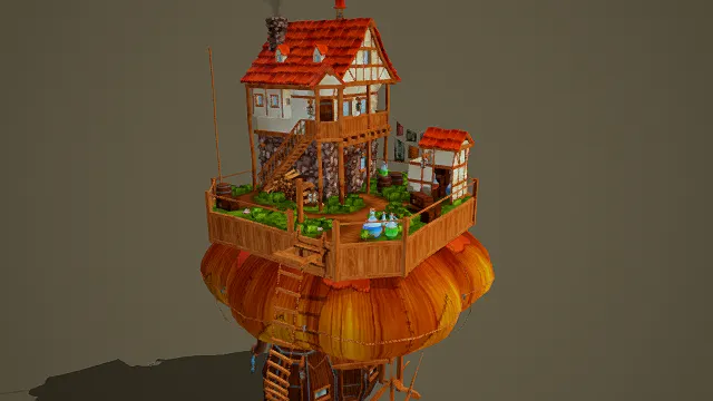 奇幻风格3D建筑模型，创意设计（奇幻建筑、3D模型、南瓜屋、红色屋顶、绿色植被、灰色背景、悬浮造型 ）