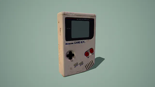 写实风格复古游戏机3D模型，怀旧设计（Game Boy造型、经典按键、磨损细节、复古质感 ）
