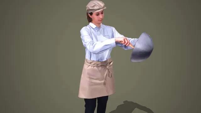 厨师装扮女士持炒锅烹饪姿态 3D 模型
