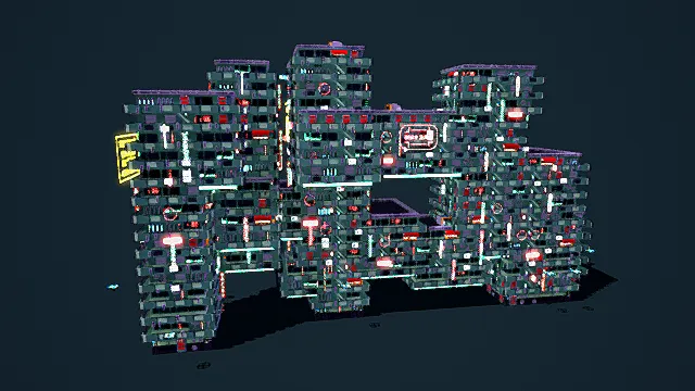 赛博朋克风格3D建筑模型，创意设计（赛博朋克建筑、3D模型、多层结构、霓虹色彩、复杂构造、黑色背景、独特造型 ）