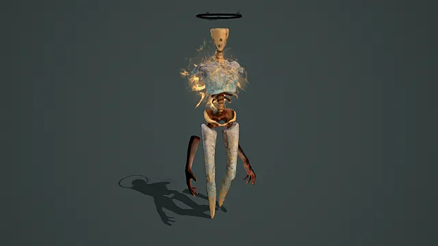   奇幻风格燃烧人形3D模型，神秘设计（人形结构、燃烧特效、光环装饰、骨骼细节 ）