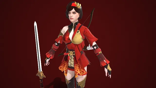 游戏女角色   国风  赤衣金饰  刺绣  红黑金配色  战斗女角  女侠造型