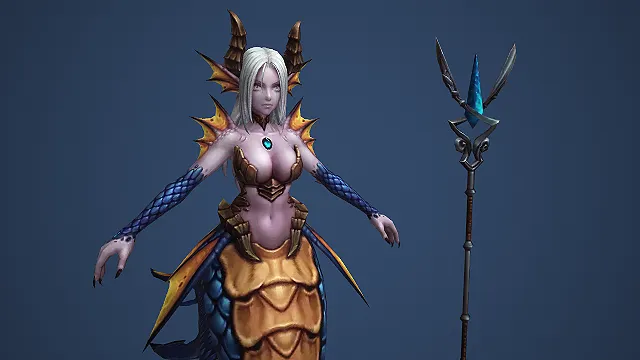 白发娜迦海巫持蓝晶法杖鳞甲蛇尾女妖模型