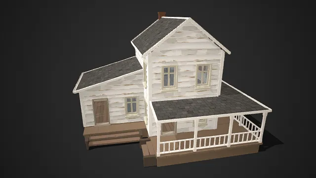 低多边形  两层乡村木屋  白色木质  浅米色窗框装饰  烟囱  开放式阳台  色块分明  田园住宅  温馨