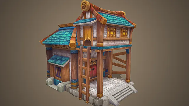 Q 版仙侠游戏水乡风双层民居建筑模型