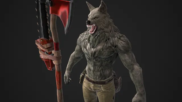 兽人  狼形狂战士  链锯巨斧  破布工装  3D角色模型  野兽的凶戾  粗犷暴力  近战能力