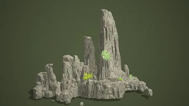 嶙峋多峰带绿植假山景观场景 3D 模型