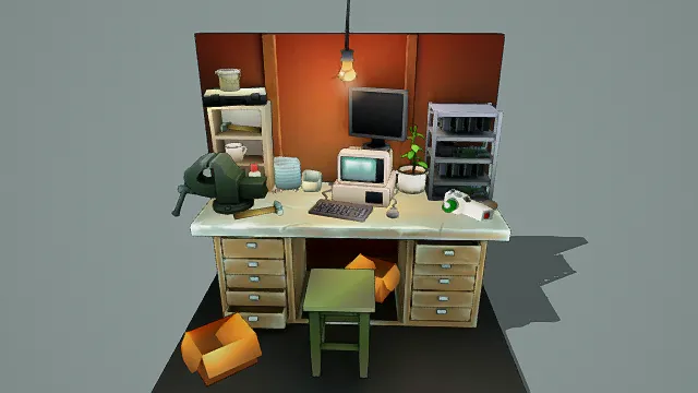 3D卡通风工作间场景模型，创意设计（3D场景、卡通风格、复古温馨，工作主题，场景元素）