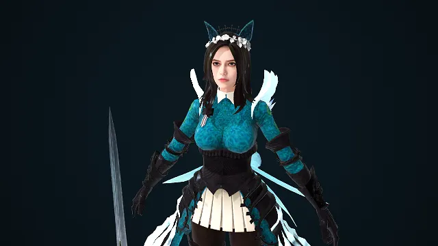 女性 3D 角色模型  猫耳发箍  蓝纹紧身衣  奇幻风格  长剑  羽翼状装饰