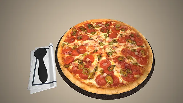 一个写实风格的铺满青椒和芝士的3D辣味香肠披萨模型