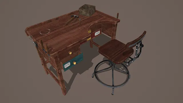 3D卡通风格棕蓝灰系复古工作场景模型，创意设计（3D工作台、卡通风格、卡通复古风，场景设计主题）