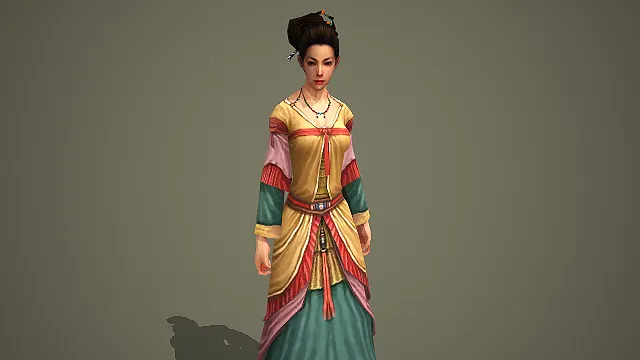 唐风仕女低模 3D 模型 黄绿撞色古装女性角色素材