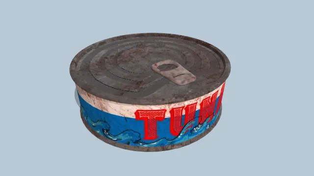 有点破损的蓝色包装金枪鱼罐头食物