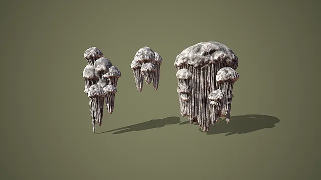 卡通风格多组石质蘑菇头钟乳石组合洞穴环境装饰模型