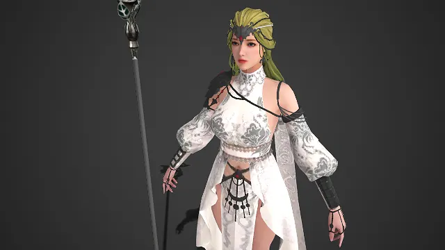 圣职者  白纹长裙  优雅圣洁  绣花纹理  神秘  银纹法杖  神圣魔法