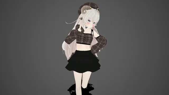 萌系  二次元风格  羊角少女  长发  格纹贝雷帽  露肩设计  短裙  俏皮灵动