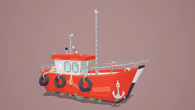 卡通风格红色渔船3D模型