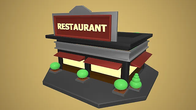 卡通风格单层餐厅建筑 3D 低多边形城市场景装饰模型