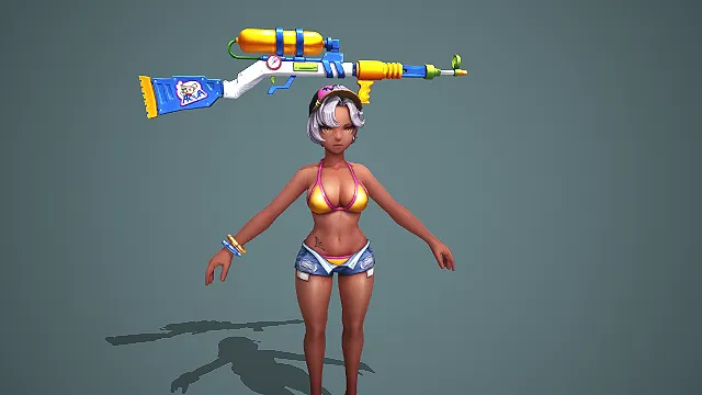 卡通写实风夏日泳装黑皮少女带水枪武器 3D 游戏角色模型