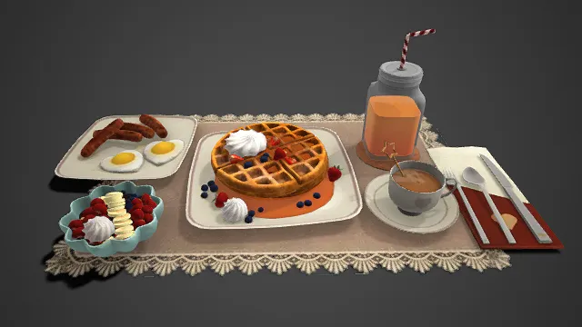 美式早餐组合  华夫饼  煎蛋  香肠  精致餐点模型  生活题材