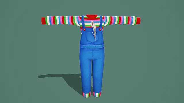 彩色条纹上衣配蓝色背带裤3D模型，童趣休闲风格