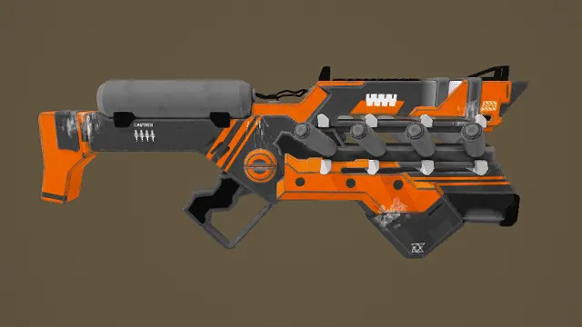 3D卡通风格橙黑灰系科幻武器模型，创意设计（3D枪械、卡通风格、科幻未来风，枪械设计主题）