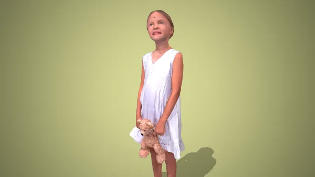 浅银无袖裙小女孩抱泰迪熊站姿 3D 模型