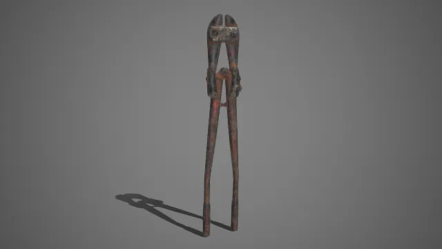 老旧的断线钳  金属材质  铁锈  涂层斑驳脱落  弧形咬合钳头  防滑握把设计  实用  