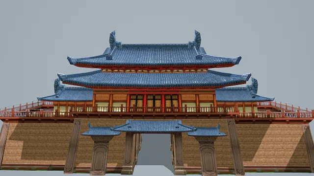 3D卡通风格中式城楼建筑模型，创意设计（3D建筑、卡通风格、华丽庄重，文化主题，物品元素）