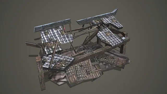 破旧损毁的中式木屋废墟低模