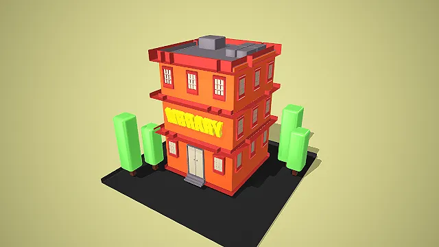 卡通风格三层图书馆建筑 3D 低多边形城市场景装饰模型