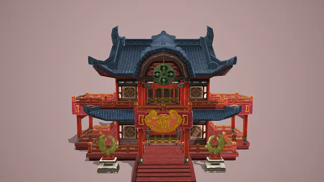 3D卡通风格中式建筑模型，创意设计（3D建筑、卡通风格、华丽喜庆，文化主题，物品元素）