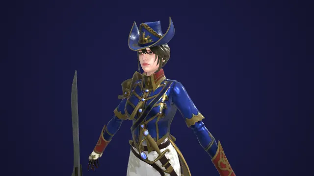 游戏女角色  复古军装  蓝帽金边  贵族风  佩剑  骑士造型  华丽战装