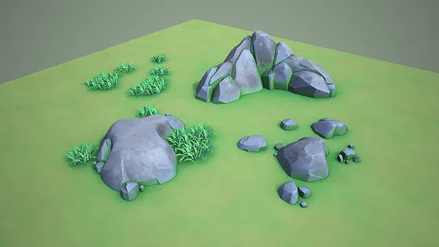 低多边形风格自然山石草堆组合 3D 模型 户外场景地形装饰素材