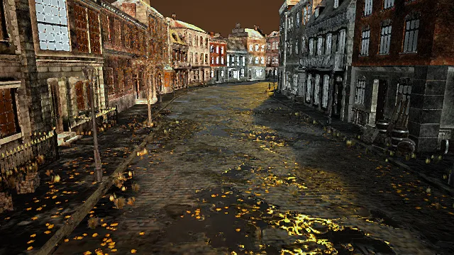 刚下过雨后，夕阳下宁静安逸的小城镇3D场景建筑模型