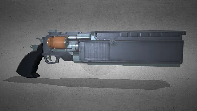 写实风格的3D科幻重型手枪模型，造型充满未来感