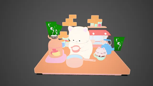 软萌风格  猫咪  厨房微场景  厨具  色调柔和治愈  扁平化风格  