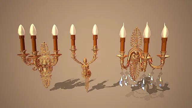 欧式复古金色三臂烛台水晶壁灯三款组合装饰模型
