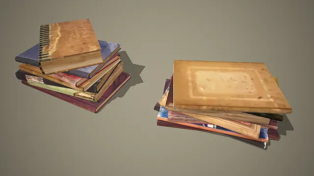 两堆复古做旧堆叠书籍 3D 场景道具模型