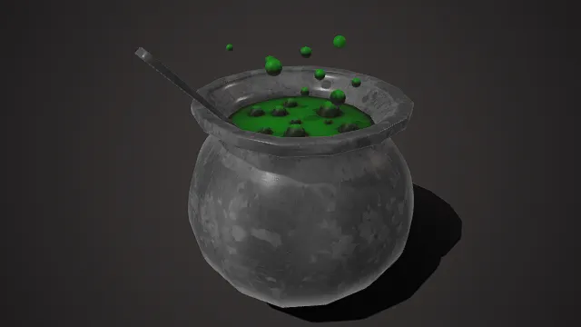暗黑魔法风格  坩埚  复古巫术容器  绿色液体  金属搅拌勺  冒泡特效